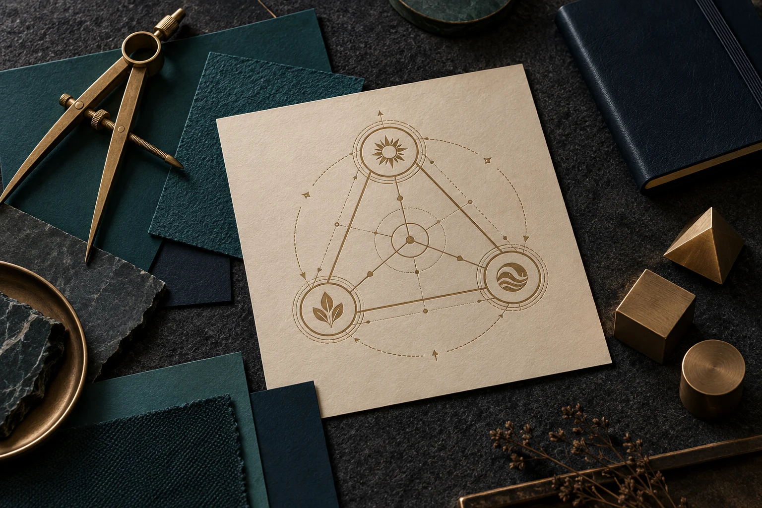 Sárgaréz tervezőeszközök és geometrikus rendszerrajz sötétzöld anyagminták mellett Sárgaréz tervezőeszközök és geometrikus rendszerrajz sötétzöld anyagminták mellett